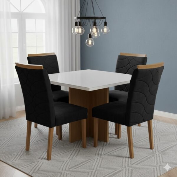 Mesa Salinas/Helô/Los Angeles 90 Cinamomo/Off White com 4 Cadeiras Safira Veludo Preto – CEL MÓVEIS + WM DECOR