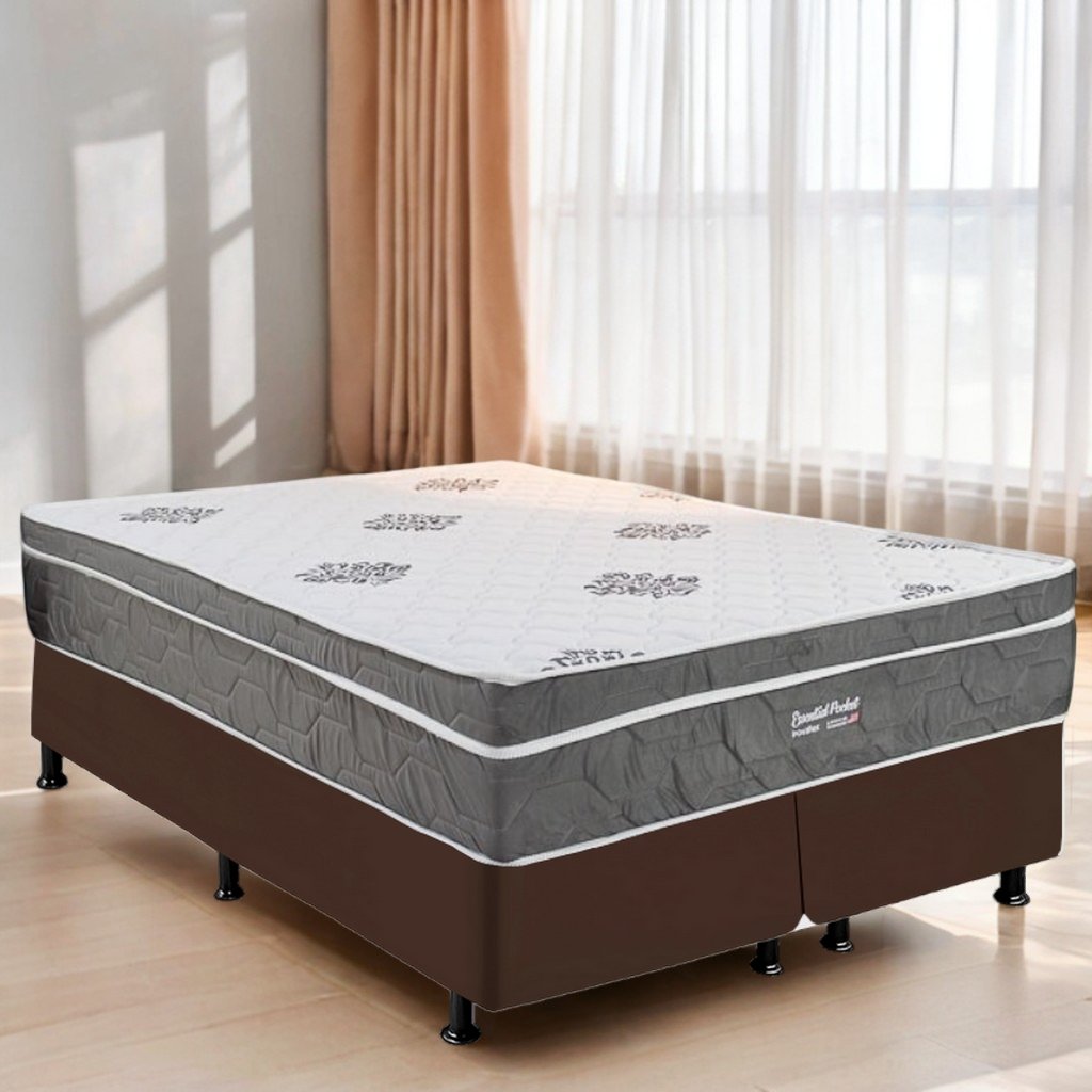 Colchão Queen Essential Pocket D26 + Base Box Simples Corino Marrom – INOVAFLEX + BIOSTAR