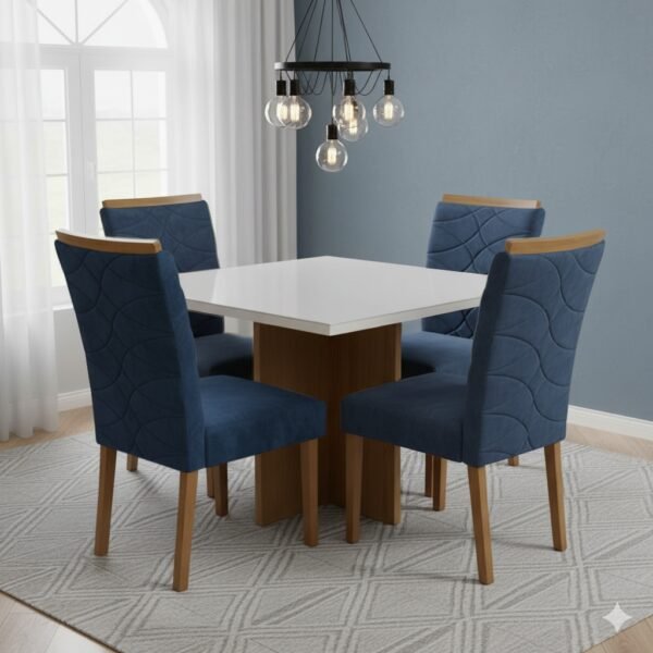 Mesa Salinas/Helô/Los Angeles 90 Cinamomo/Off White com 4 Cadeiras Safira Veludo Azul – CEL MÓVEIS + WM DECOR