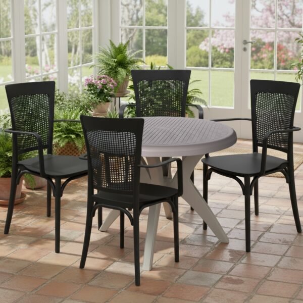 Mesa Deluxe 90 Nude com 4 Poltronas Robust Palha Preto– FORTE PLÁSTICO