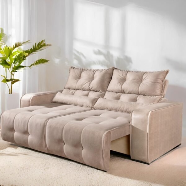 Sofá Retrátil e Reclinável Premier/Minas 2,00 m Veludo Bege 512 - DECORAR ESTOFADOS