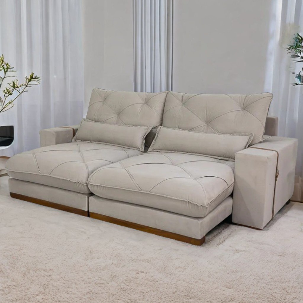 Sofá Retrátil e Reclinável Luanda/Isabella/Barcelona 2,50 m Veludo Bege - TREVO ESTOFADOS