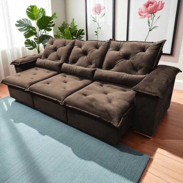 Sofá Retrátil e Reclinável Porto Madero/Brasão 2,75 m Veludo Marrom - IMPERIAL DECOR