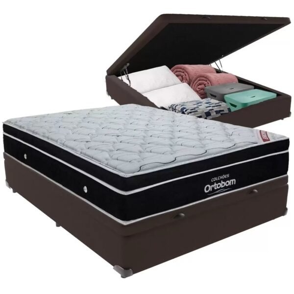 Colchão Casal Elegant D33 Superpocket + Base Box Casal Baú Marrom – ORTOBOM + BIOSTAR