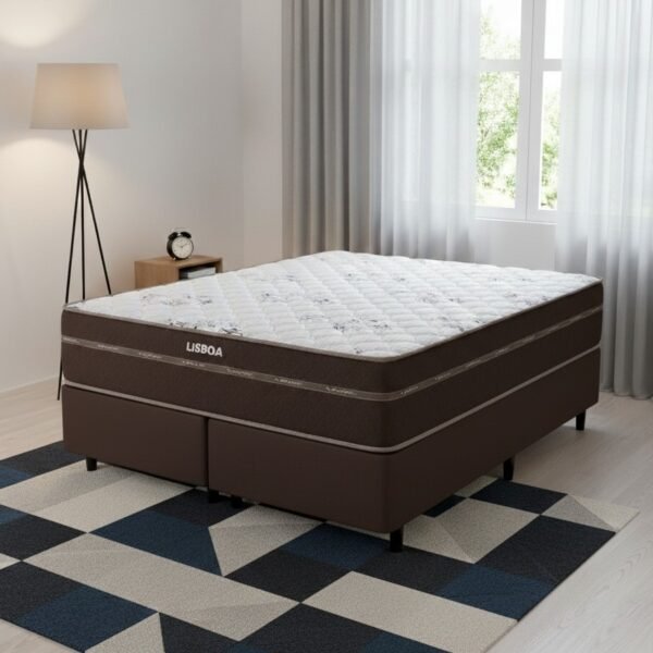 Colchão Queen Lisboa + Base Box Simples Corino Marrom – ECOTEC + BIOSTAR