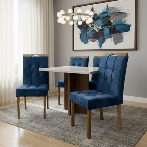 Mesa Salinas/Helô/Los Angeles 90 Cinamomo/Off White com 4 Cadeiras Sophia Veludo Azul – CEL MÓVEIS + WM DECOR