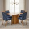 Mesa Recife 120 Cinamono Laminado com 4 Cadeiras Sophia Veludo Azul – CEL MÓVEIS + WM DECOR