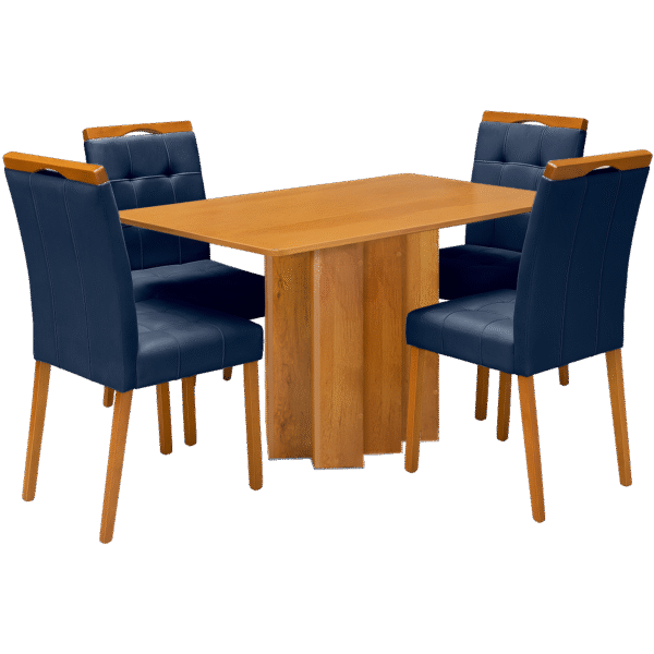Mesa Recife 120 Cinamono Laminado com 4 Cadeiras Sophia Veludo Azul – CEL MÓVEIS + WM DECOR