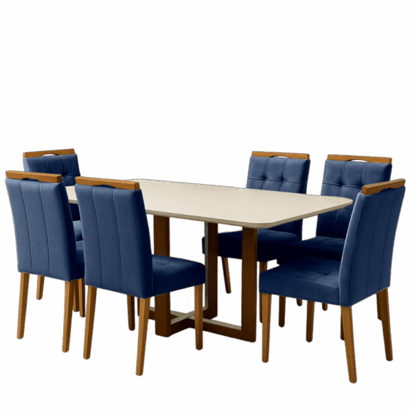 Mesa Atlas Mel/Off White Canto Copo 160×80 com 6 Cadeiras Sophia Veludo Azul – ART ASSENTOS + WM DECOR