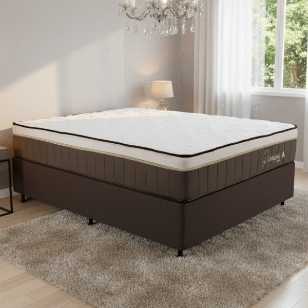 Colchão Casal Rondopremium Plus D33 + Base Box Simples Corino Marrom – RONDOMÓVEIS + BIOSTAR