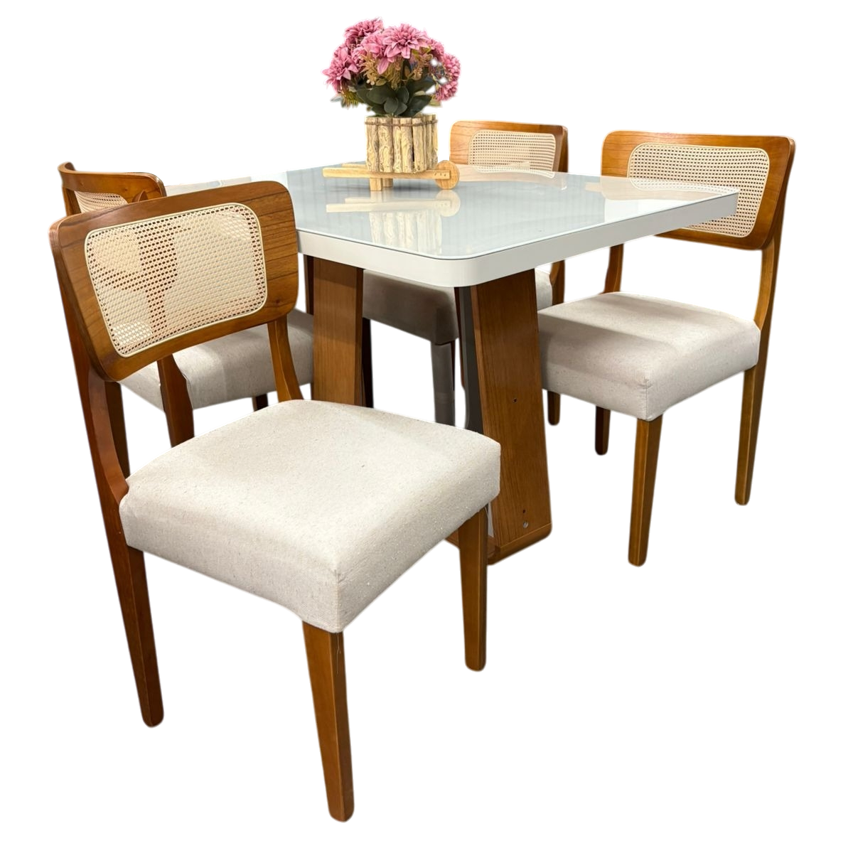 Mesa Sintonia (Tampo Maxi) 120 Amêndoa Clean/Off White com 4 Cadeiras Alasca Linho Bege – LOPAS + HR MOVELARIA - Imagem 5