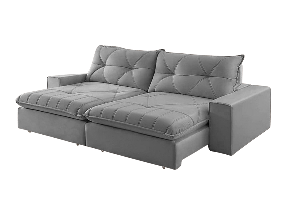 Sofá Retrátil e Reclinável Marfim/Paris 2,50 m Veludo Prata - TREVO ESTOFADOS