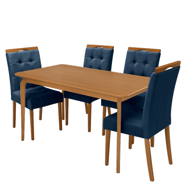 Mesa Alegra 120 Cinamomo com 4 Cadeiras Sophia Veludo Azul – JCM MOVELARIA + WM DECOR