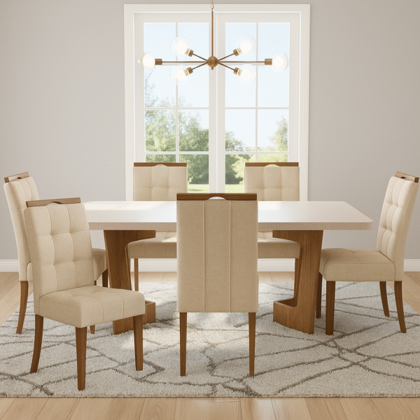 Mesa Liz 160 (Tampo 40 mm) Cinamomo/Off White com 6 Cadeiras Sophia Linho Bege 200 – VALDEMÓVEIS + WM DECOR