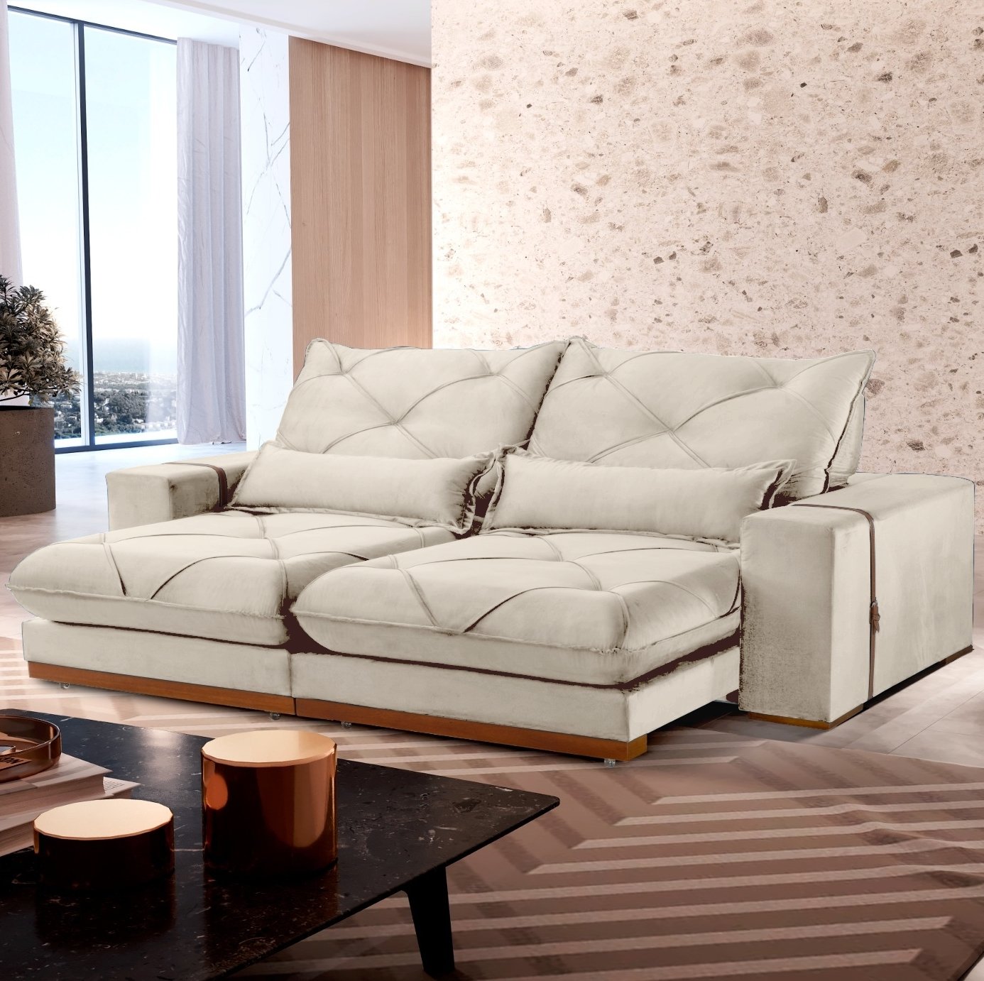 Sofá Retrátil e Reclinável Luanda/Isabella/Barcelona 2,50 m Veludo Bege - TREVO ESTOFADOS