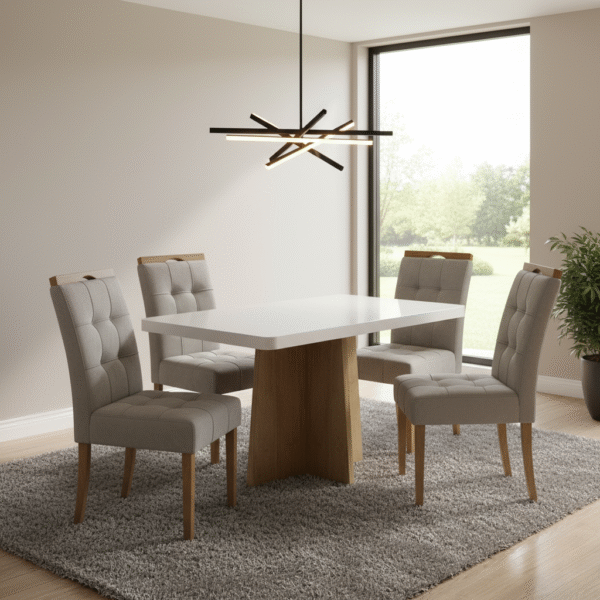 Mesa Jade 120 (Tampo 40 mm) Cinamomo/Off White com 4 Cadeiras Sophia Veludo Bege – VALDEMÓVEIS + WM DECOR