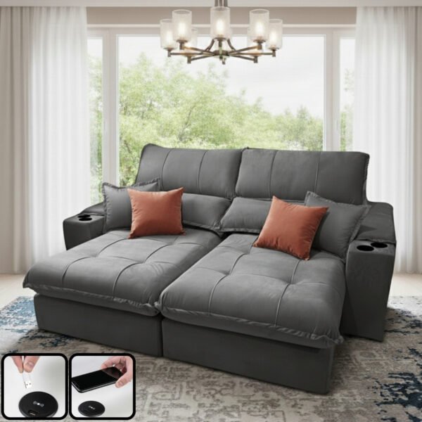 Sofá Retrátil e Reclinável Afrodite Slim 2,90 m Veludo Cinza Grafite 101 – ZARAT ESTOFADOS