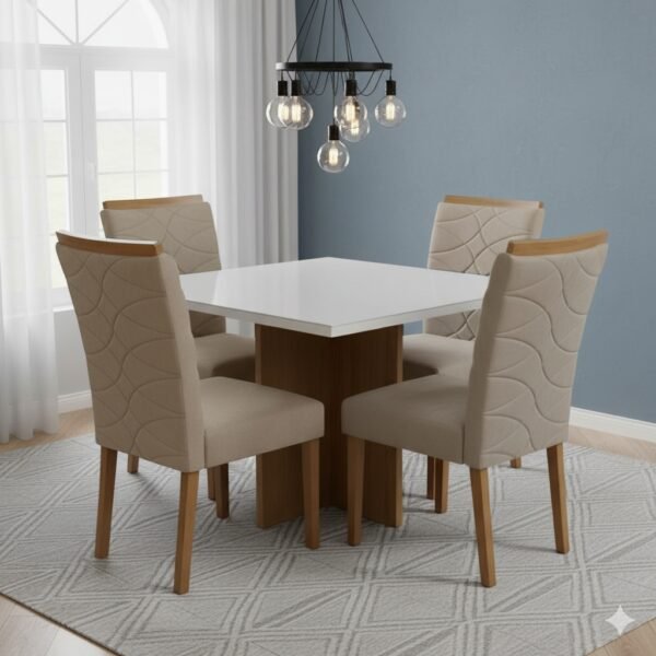 Mesa Salinas/Helô/Los Angeles 90 Cinamomo/Off White com 4 Cadeiras Safira Veludo Bege – CEL MÓVEIS + WM DECOR