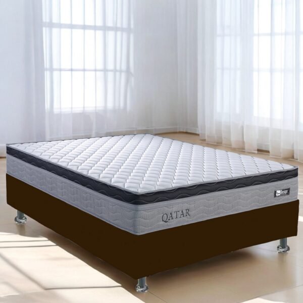 Colchão Casal Qatar D28 + Base Box Simples Corino Marrom – DESIGN COLCHÕES + ALTO NÍVEL CAMAS E COLCHÕES