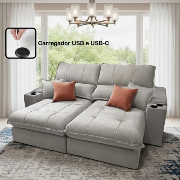 Sofá Retrátil e Reclinável Afrodite Slim 2,50 m Veludo Cinza Prata 107 – ZARAT ESTOFADOS