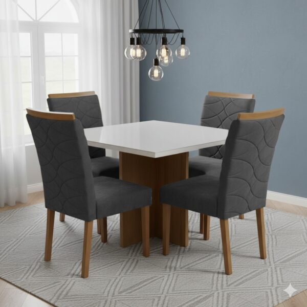 Mesa Salinas/Helô/Los Angeles 120 Cinamomo/Off White com 4 Cadeiras Safira Veludo Cinza Grafite – CEL MÓVEIS + WM DECOR