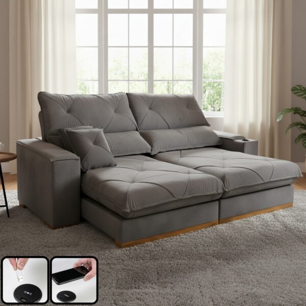 Sofa Retratil e Reclinavel Milano 2,50 m Veludo Cinza 101 - ZARAT ESTOFADOS