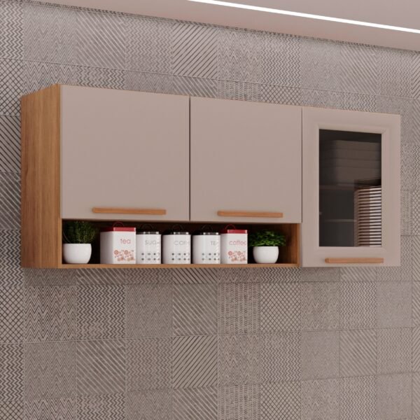 Armário Aéreo 3 Portas Vidro Fumê New Valência Cinamomo/off White - SallÊto