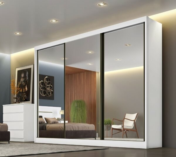 Guarda-Roupa Diamond Premium (3 portas espelhadas) 2,414 m Branco – NOVO HORIZONTE