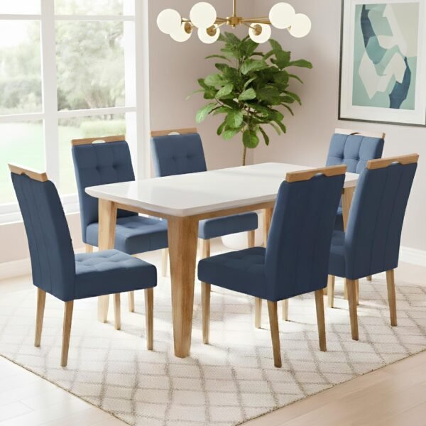 Mesa Kota/Dakota 160 Mel/Blonde Off White Com 6 Cadeiras Sophia Veludo Azul – VIERO MÓVEIS + WM DECOR