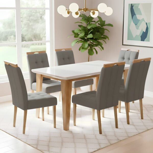 Mesa Kota/Dakota 160 Mel/Blonde Off White Com 6 Cadeiras Sophia Veludo Cinza Grafite – VIERO MÓVEIS + WM DECOR