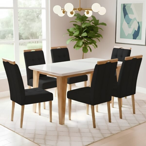 Mesa Kota/Dakota 160 Mel/Blonde Off White Com 6 Cadeiras Sophia Veludo Preto – VIERO MÓVEIS + WM DECOR