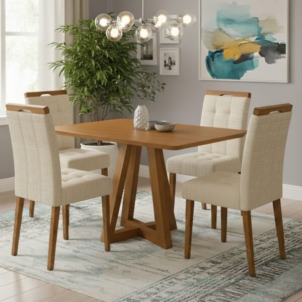Mesa Alva ME02 120 Canela com 4 Cadeiras Sophia Linho Bege 200 – KAPPESBERG + WM DECOR