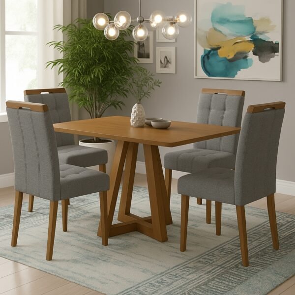 Mesa Alva ME02 120 Canela com 4 Cadeiras Sophia Linho Cinza Grafite 202 – KAPPESBERG + WM DECOR