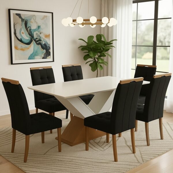 Mesa Amora BA35 160 Canela/Off White com 6 Cadeiras Sophia Veludo Preto – KAPPESBERG + WM DECOR