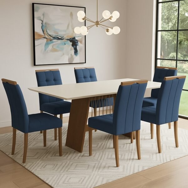 Mesa Damiana BA56 160 Canela/Off White com 6 Cadeiras Sophia Veludo Azul – KAPPESBERG + WM DECOR