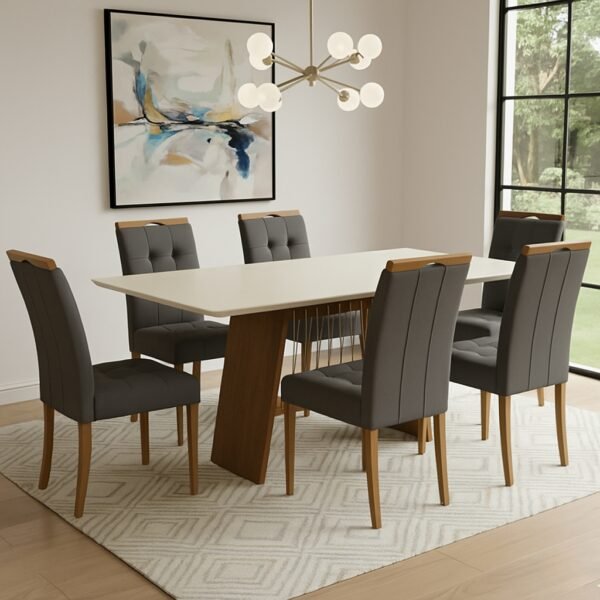 Mesa Damiana BA56 160 Canela/Off White com 6 Cadeiras Sophia Veludo Cinza Grafite – KAPPESBERG + WM DECOR