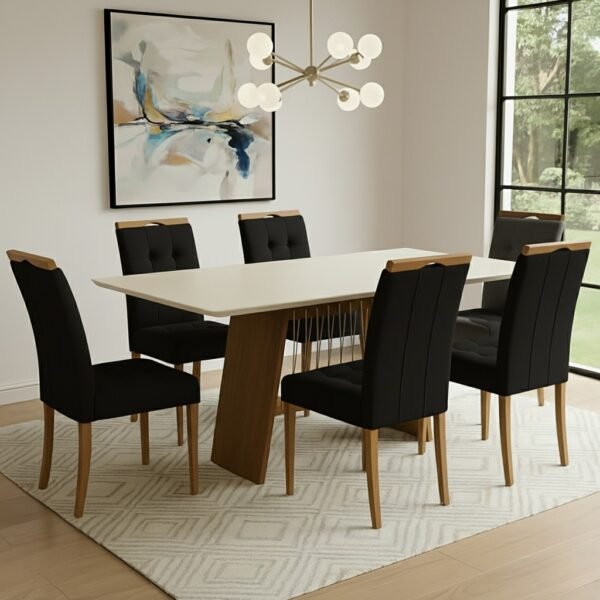 Mesa Damiana BA56 160 Canela/Off White com 6 Cadeiras Sophia Veludo Preto – KAPPESBERG + WM DECOR