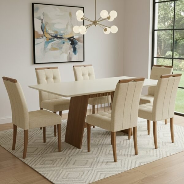 Mesa Damiana BA56 160 Canela/Off White com 6 Cadeiras Sophia Linho Bege 200 – KAPPESBERG + WM DECOR