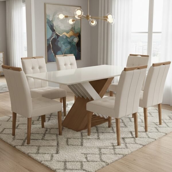 Mesa Graviola BA29 160 Canela/Off White com 6 Cadeiras Sophia Veludo Bege – KAPPESBERG + WM DECOR