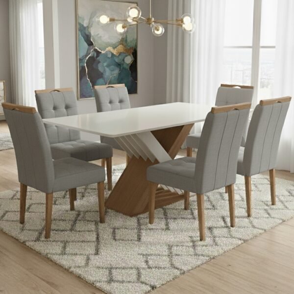 Mesa Graviola BA29 160 Canela/Off White com 6 Cadeiras Sophia Linho Cinza Grafite 202 – KAPPESBERG + WM DECOR