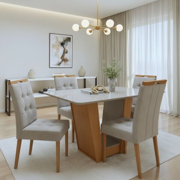 Mesa Apogeu (Tampo Maxi) 120 Amêndoa Clean/Off White com 4 Cadeiras Sophia Veludo Bege – LOPAS + WM DECOR