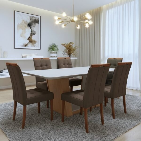 Mesa Apogeu (Tampo Maxi) 170 Amêndoa Clean/Off White com 6 Cadeiras Sophia Veludo Marrom – LOPAS + WM DECOR