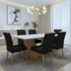 Mesa Apogeu (Tampo Maxi) 170 Amêndoa Clean/Off White com 6 Cadeiras Sophia Veludo Preto – LOPAS + WM DECOR