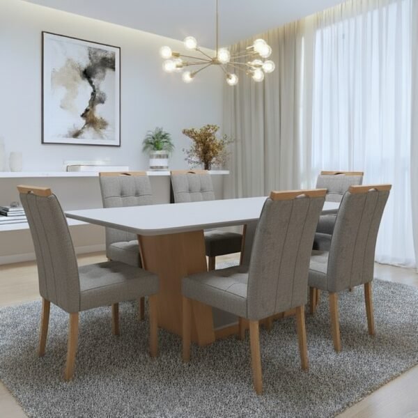 Mesa Apogeu (Tampo Maxi) 170 Amêndoa Clean/Off White com 6 Cadeiras Sophia Linho Cinza Grafite 202 – LOPAS + WM DECOR