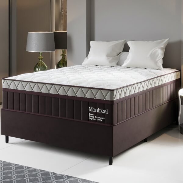 Colchão Casal Montreal D28 + Base Box Simples Corino Marrom – VIERO MÓVEIS + ALTO NÍVEL CAMAS E COLCHÕES