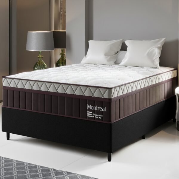Colchão Casal Montreal D28 + Base Box Simples Corino Preto – VIERO MÓVEIS + ALTO NÍVEL CAMAS E COLCHÕES