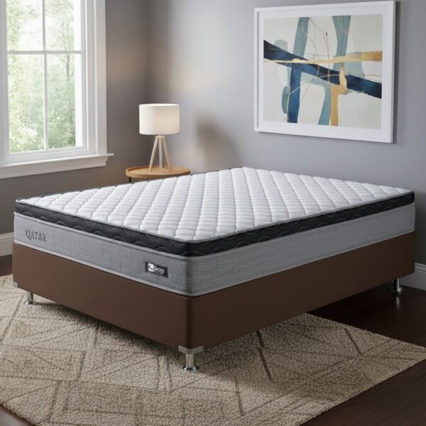 Colchão Casal Qatar D28 + Base Box Simples Corino Marrom – DESIGN COLCHÕES + ALTO NÍVEL CAMAS E COLCHÕES