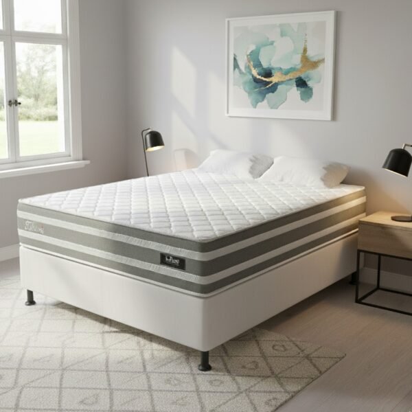 Colchão Casal Talismã D28 + Base Box Simples Corino Branco – DESIGN COLCHÕES + ALTO NÍVEL CAMAS E COLCHÕES