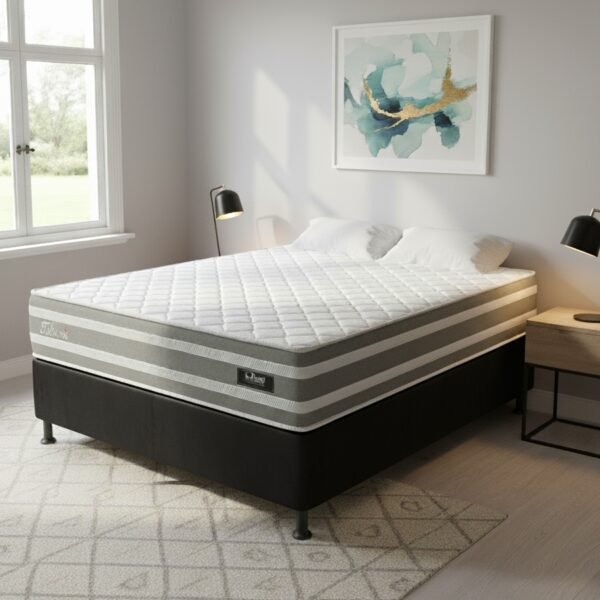 Colchão Casal Talismã D28 + Base Box Simples Corino Preto – DESIGN COLCHÕES + BIOSTAR