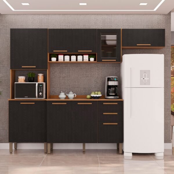 Cozinha Completa New Valência (Vidro fumê) Cinamomo/Preto - SALLÊTO